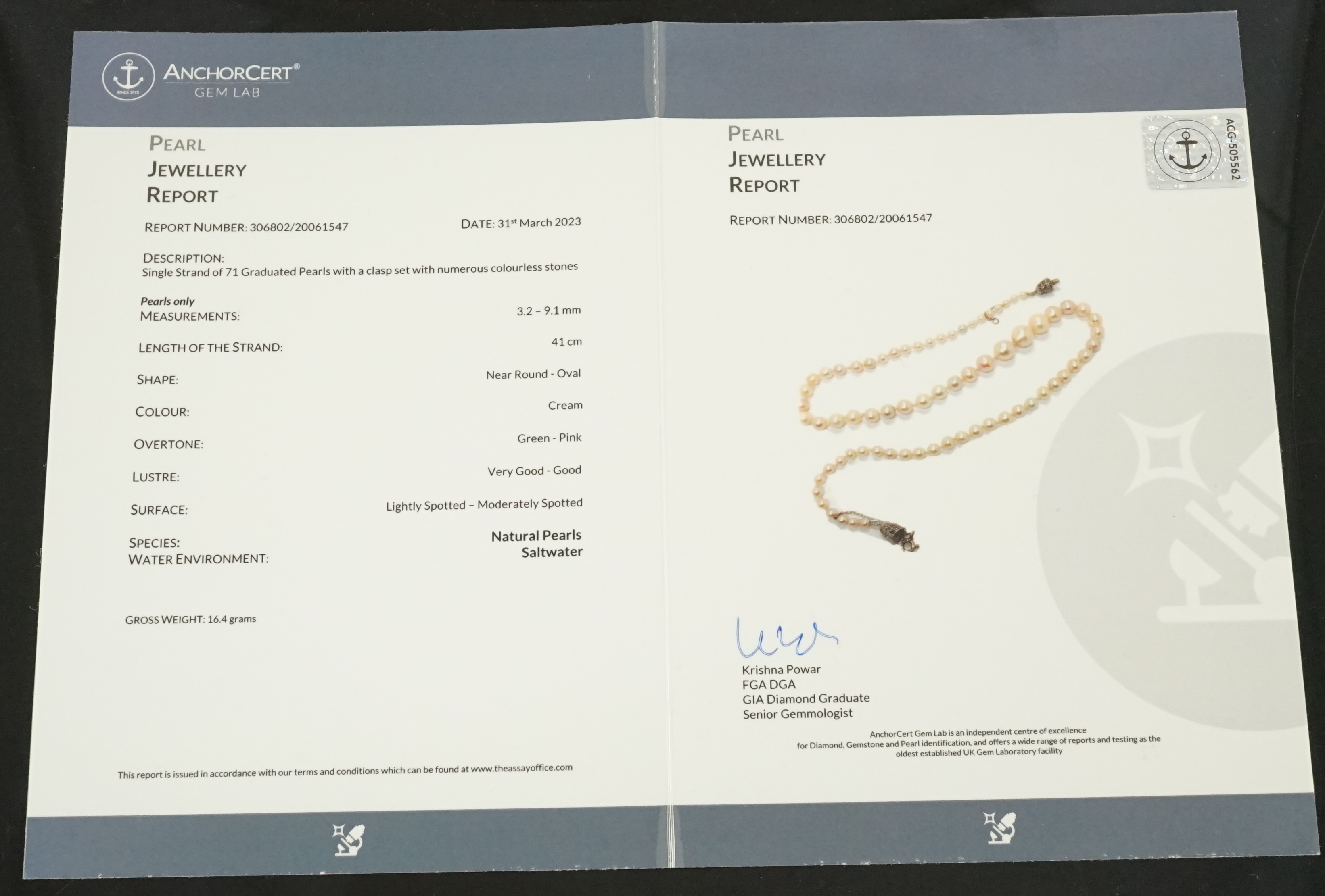 A single strand graduated natural saltwater pearl necklace, with AnchorCert report dated 31st March, 2023, with diamond set torpedo shaped clasp